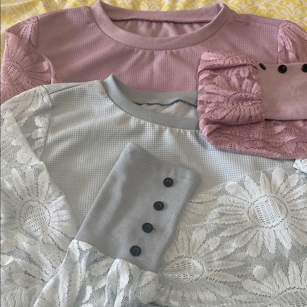 SHEIN Bundle 2 Large Lace Sleeve Shirts Light Blue & Lilac button detail